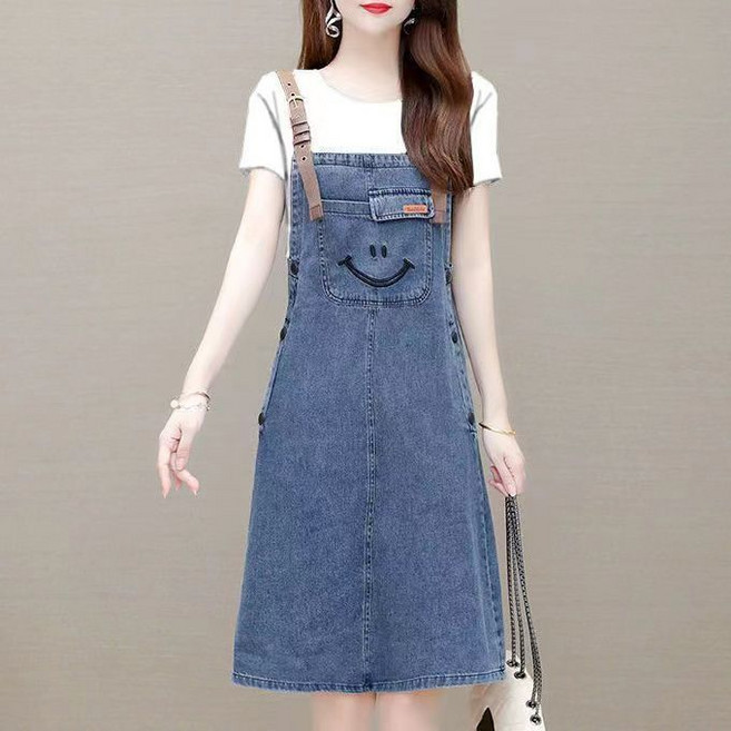 牛仔吊帶裙 寬鬆顯瘦減齡洋氣連衣裙, 短袖白T恤+揹帶裙889