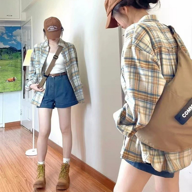 復古格紋長袖襯衫 女裝 上衣