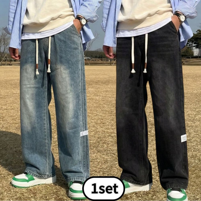 벨로고 남성 남자 밴딩청바지 일자핏 와이드 데님팬츠 2종세트