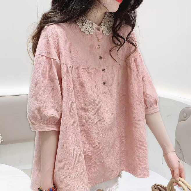 쩐쿠 여성 카라넥 레이스 단추 반팔 블라우스 Z134