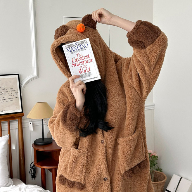 이지유 극세사 코스튬 수면 잠옷 캐릭터 카피바라 팬더 오리 동물 로브 원피스 파자마