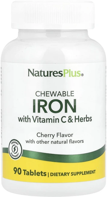 NaturesPlus 비타민C 및 허브 함유 고효능 츄어블 철분 체리 맛 90정, 1개 - 쿠팡