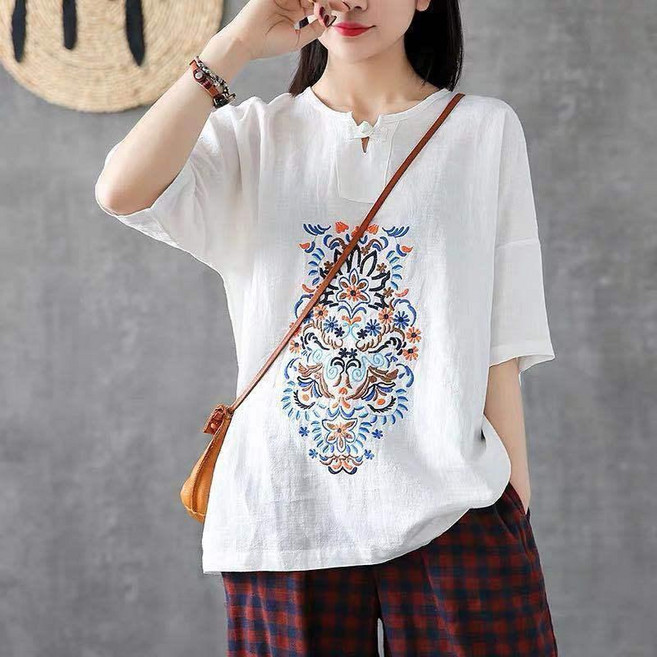 刺繡棉麻短袖女寬鬆上衣