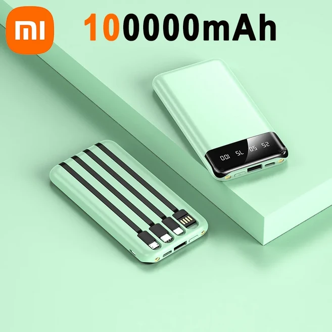 Xiaomi 1000000mah 보조베터리 초고속 충전 모든 휴대폰에 적합한 4개의 고속 충전 케이블 긴 내구성, 04 Green 100000mAh