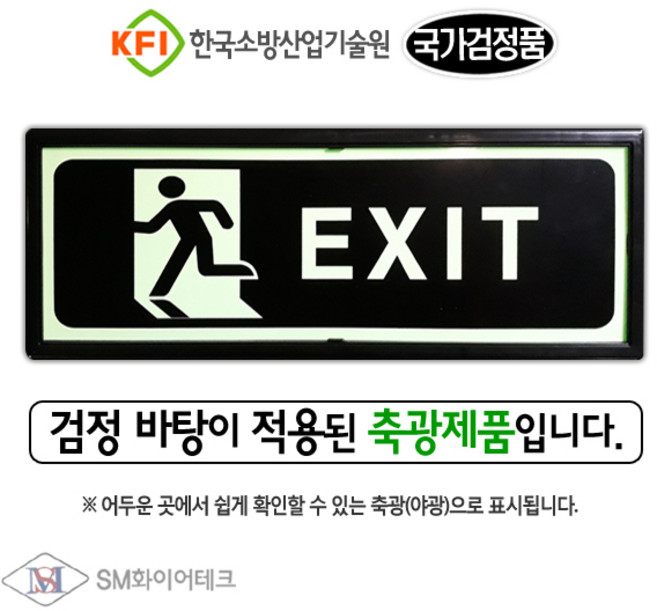 SM화이어테크 [특별할인전] 축광(야광) 비상구 피난구 유도표지판 축광표지 액자형 고휘도, 1개