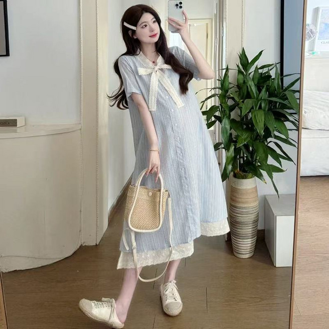 임산부 롱 원피스 여름용 린넨 스트라이프 리본 장식 레이스 소매 원피스 패션 캐주얼 JS