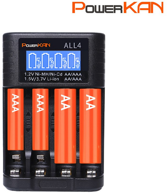 POWERKAN 파워칸 배터리 충전기 4구 1.5V 3.7V리튬14500 1.2V니켈 ALL4 건전지 밧데리 충전 AA AAA 과충전방지 LCD표시, 1개