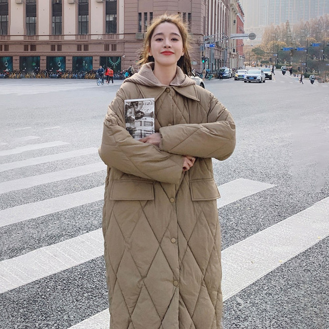 VVRR 여성 패치워크 누빔 퀼팅 도톰 롱 패딩 오버핏 컴포트 캐주얼 다운 재킷 Y0110604