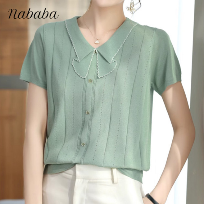 나바바 NK2899 여성 스위트 빈티지 카라 반팔 니트