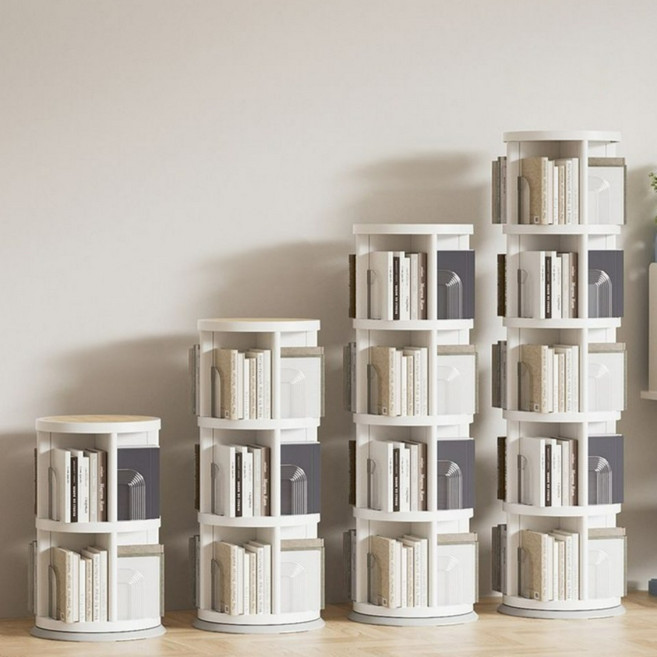 360도 회전하는 미드센추리 원형 회전 책장 틈새 코너 공간 활용 책꽂이, 화이트, 4단, 1개