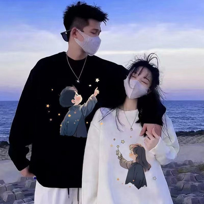 1+1 커플 맨투맨 티셔츠 봄가을 캐주얼 커플룩 긴팔 티셔츠 루즈핏 데일리 캐릭터 커플티 라운드넥 긴팔티 CJJ