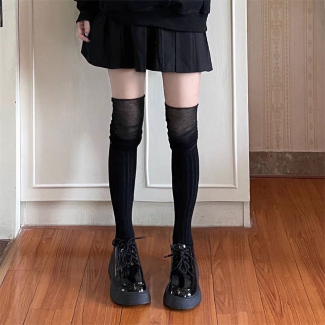 여성용 데일리 시스루 골지 롱삭스 무릎양말 롱양말