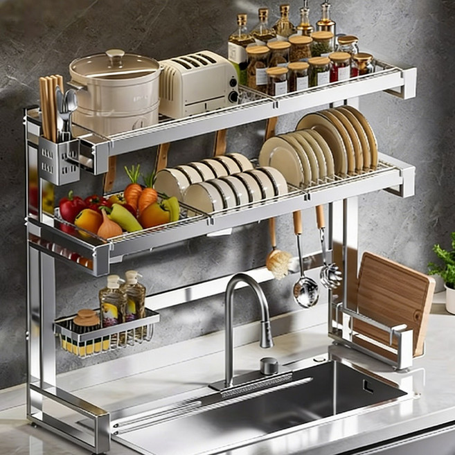 하루꿈 2단 확장형 식기 건조대 대용량 304 올스텐 싱크대 선반 자동 물빠짐 설거지 건조대, 1개, 넓이 65-87cm 올스텐