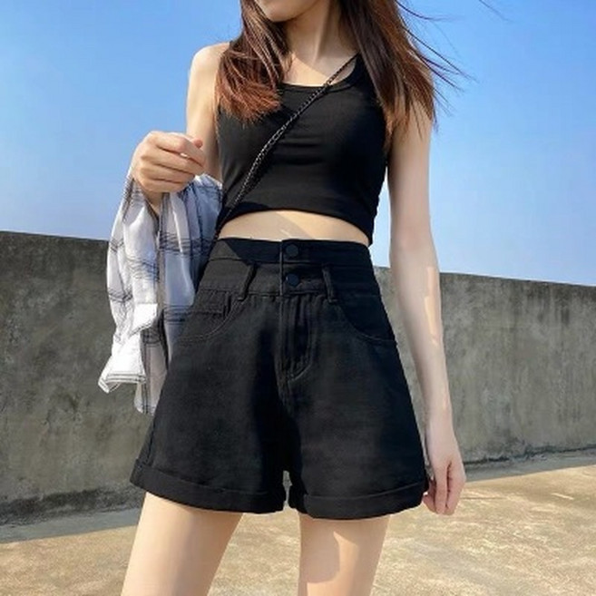 梨卡 女裝 顯瘦高腰A字牛仔短褲 韓版時尚設計 黑色 2XL
