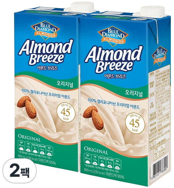 아몬드브리즈 오리지널 두유, 950ml, 2개 - 쿠팡