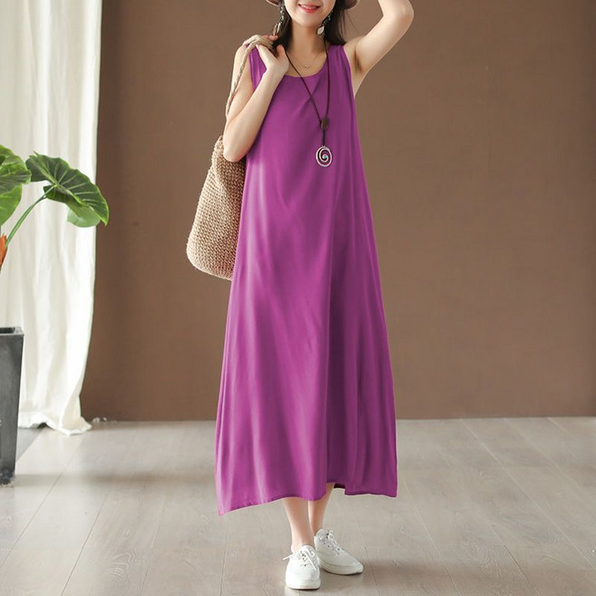 빅사이즈 뷔스티에 원피스 여성 여름 캐주얼 프렌치 라운드 a라인 민소매 원피스 루즈핏 일자 나시 원피스 WMY