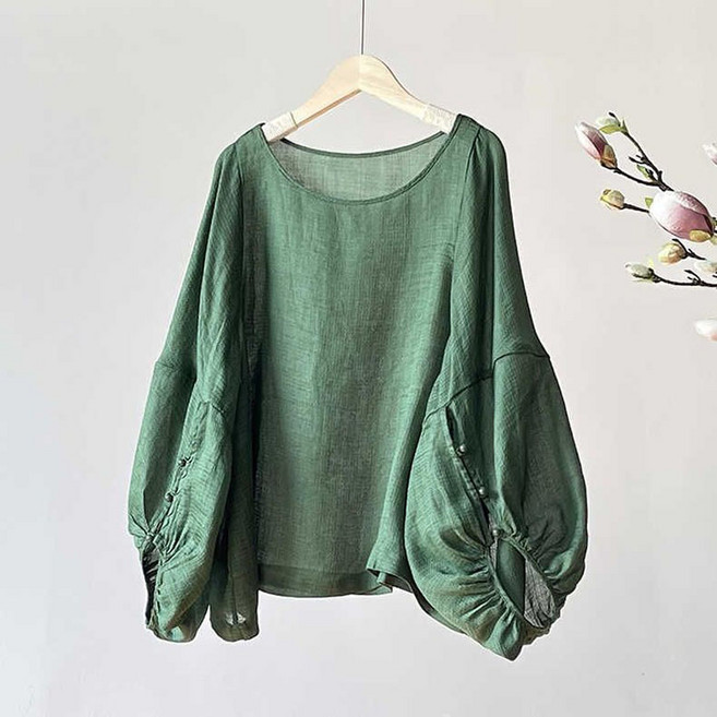 S-5XL 빅사이즈 라운드 벌룬소매 솔리드 루즈핏 셔츠 상의 날씬해 보이는 박시 블라우스 4컬러