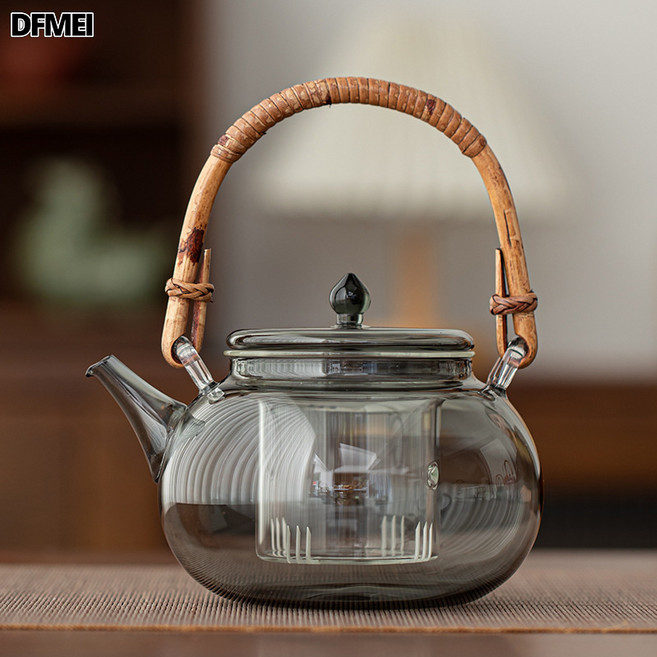 DFMEI 玻璃燒水壺煮茶壺電陶爐大容量耐高溫泡茶家用茶爐套裝, A-71 竹藤茶壺 (透黑色), 如圖, 1個