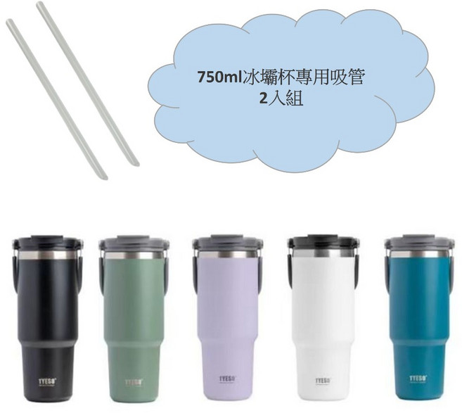 TYESO泰碩 750ml 手提冰霸杯 保溫保冷304不鏽鋼 附專用吸管2入組, 1個, 專用吸管2入組【750ml】, 透明