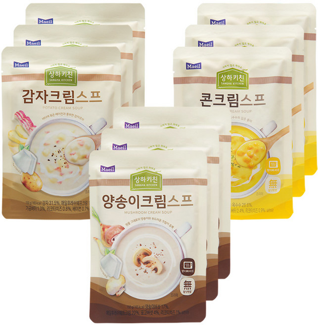 상하목장 상하키친 크림스프150g 3종/총3개(콘크림스프1개+양송이크림1개+감자크림스프1개)/혼합무배, 150g, 9개