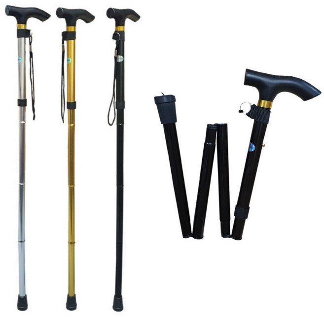 4단 접이식 노인 지팡이 스틱 길이조절 어르신 지팡이, 블랙, 1개