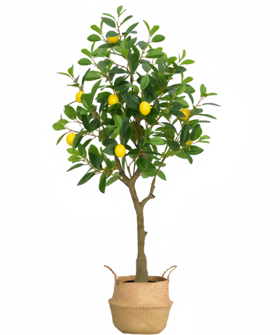 GAPINO 홈 데코용 인조 조화분 레몬 트리 장식품 레몬 나무 조화분 + 밀짚 화분, 1개, 혼합색상