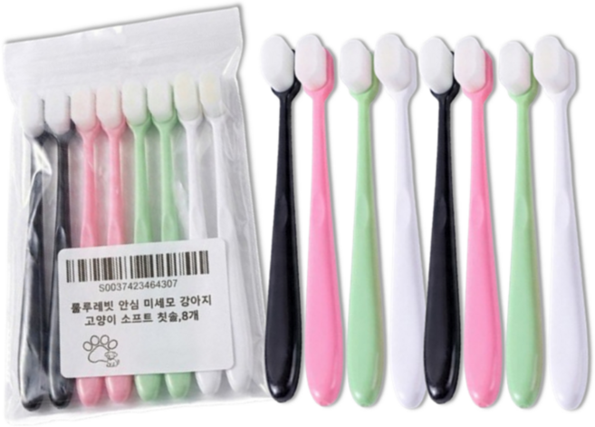 룰루레빗 안심 미세모 강아지 고양이 소프트 칫솔, 블랙+핑크+그린+화이트, 8개