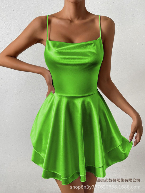 夏季歐美性感百褶女士吊帶連衣裙露背抽繩抹胸色丁, 草绿色