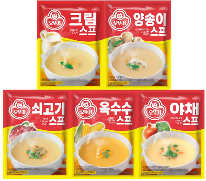 오뚜기 스프 80g 5종 세트(크림+양송이+쇠고기+옥수수+야채), 1세트, 400g