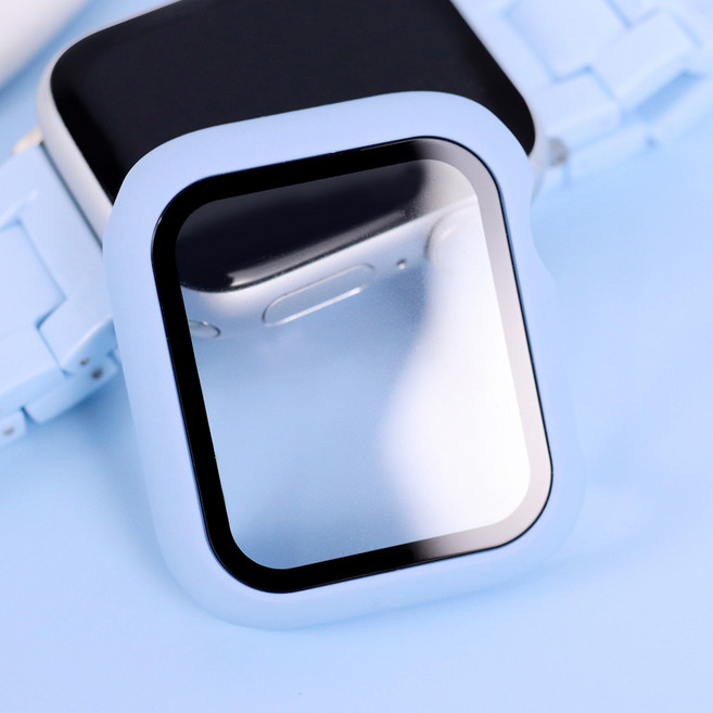오르몽트 애플워치 9H 강화유리 풀커버 보호케이스 일제형 슬림 경량 40mm 41mm 44mm 45mm호환, 아이스블루