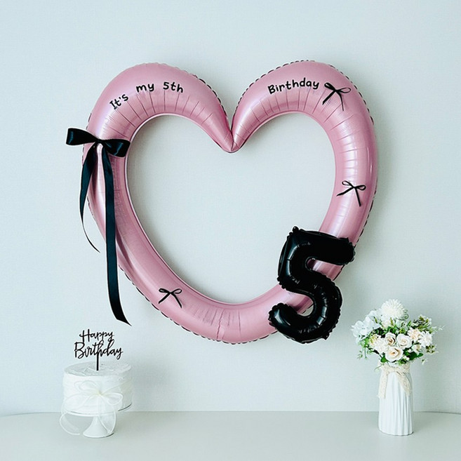 연지마켓 생일 하트프레임풍선 블랙 숫자 생일파티 용품 세트 (자유레터링), 1세트, 핑크하트 숫자 5