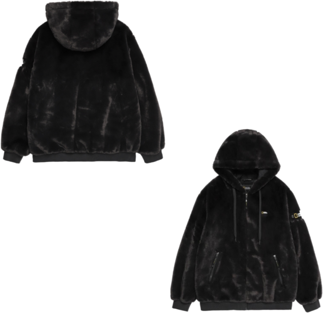 내셔널지오그래픽 페이크퍼 후드 풀 집업 카본 블랙 남여 공용 뽀글이 플리스 양털 후리스 N224UFJ900