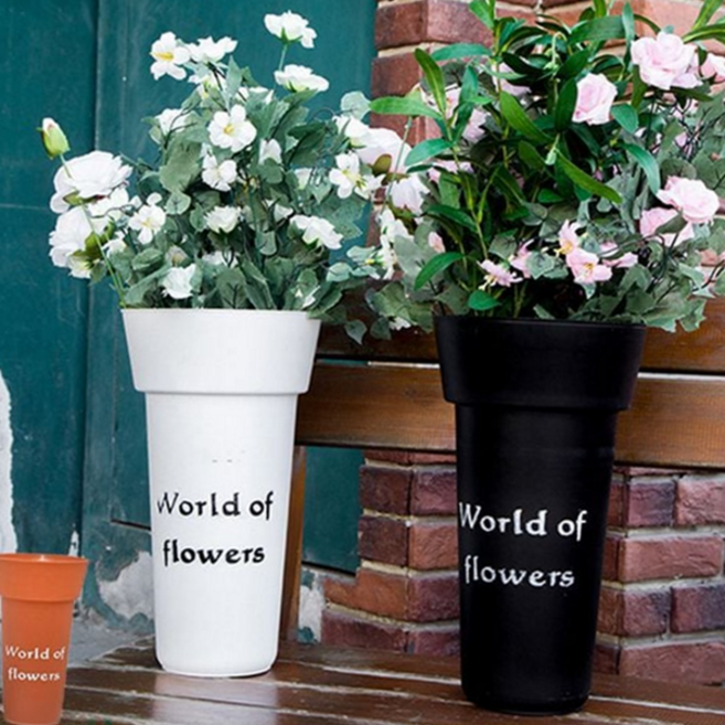 플라스틱 꽃병 인테리어 모던 사무실 실내 꽃병 테이블 거실화분 스탠드 바구니 화분 꽃통 선반, 원형(WORLD)-블랙