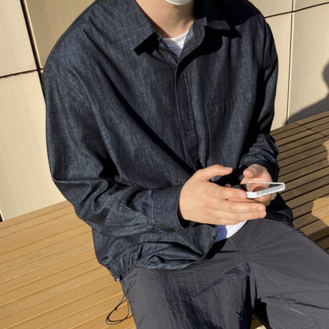 왓위웨어 남자 청남방 데님 스트링 오버핏 진청 셔츠