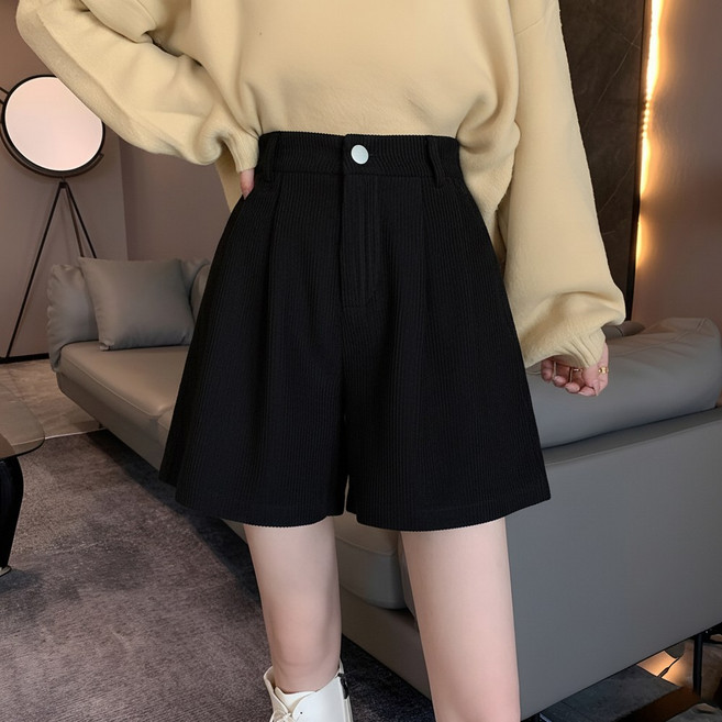 라뷰드 여성 코듀로이 뒷밴딩 하프 팬츠 겨울 봄가을 4부 와이드 바지 간절기 골덴 고무줄 반바지