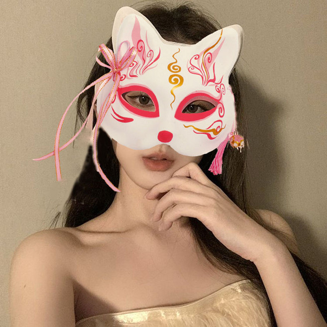 新年面具 神明少女面具 狐狸花臉面罩 古風國風彩繪面罩 舞會酒吧夜店派對 角色扮演 半臉裝扮面具 cosplay道具, 1個