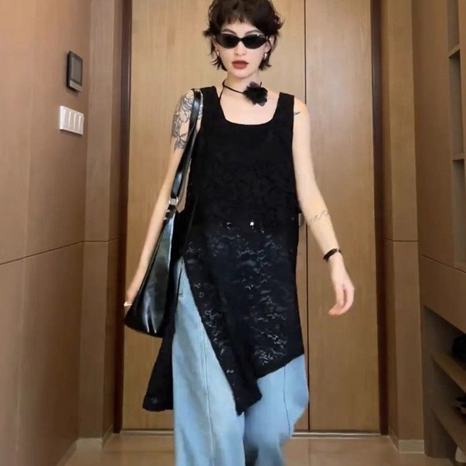 캐주얼 펀칭 니트 원피스 패션 언밸런스 레이스 나시 원피스 여성 레이어드 민소매 미디 블라우스 WMY, 블랙