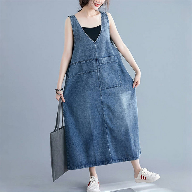 POMTOR 여성 브이넥 민소매 데님 원피스 빅사이즈 루즈핏 롱 원피스