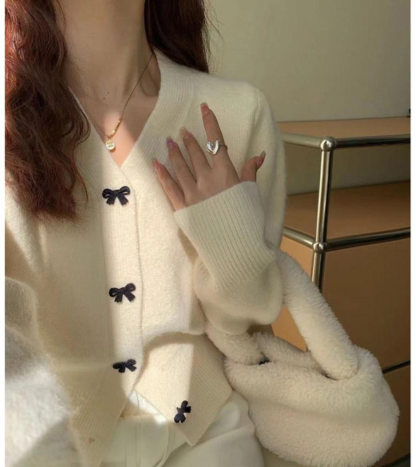 썸머바이브 NQ-421 여성 리본 단추 브이넥 니트 가디건