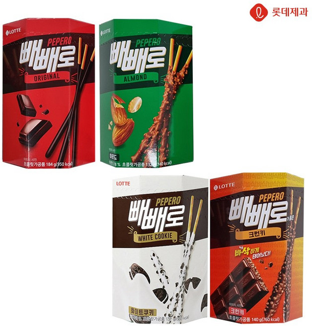 롯데 대용량 팔각 초코 오리지널 184g 크런키 140g 아몬드 132g 화이트쿠키 132g 빼빼로 4종 세트, 1개, 588g