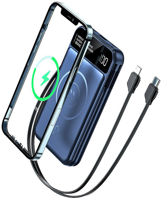 RUN 기술 삼성 아이폰 안드로이드 호환 고속 대용량 보조배터리 20000mAh 10000mAh 무선 충전 유선 포함 가벼운 미니 사이즈, 푸른 색