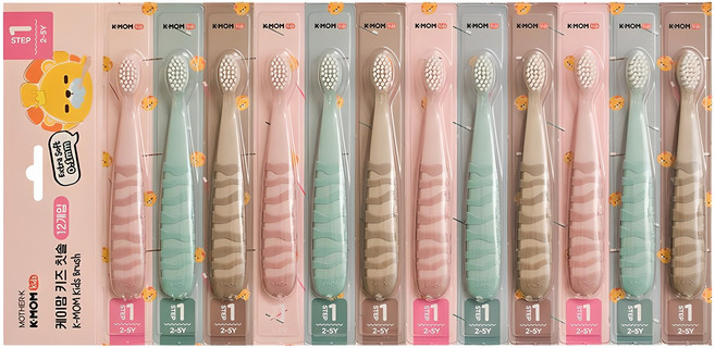 케이맘 키즈 칫솔 1단계, 퍼스트민트 + 퍼스트피치 + 퍼스트브라운, 12개입, 1세트