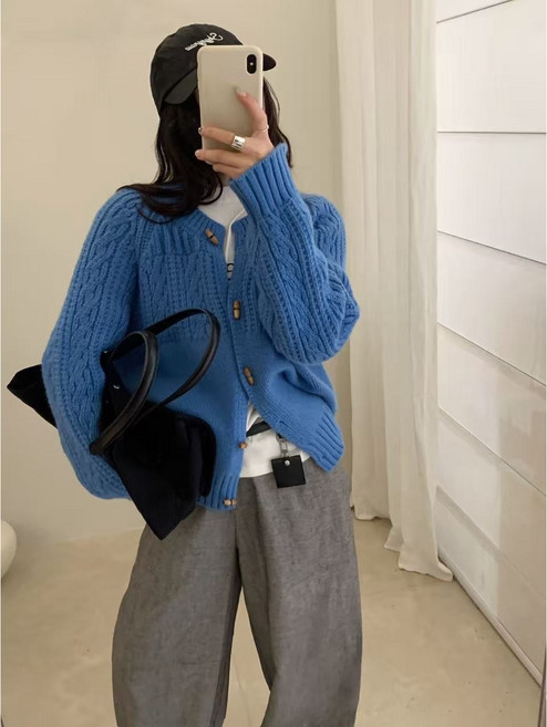 스타일 키 SK2620 여성 캐주얼 도톰한 꽈배기 단추 니트가디건