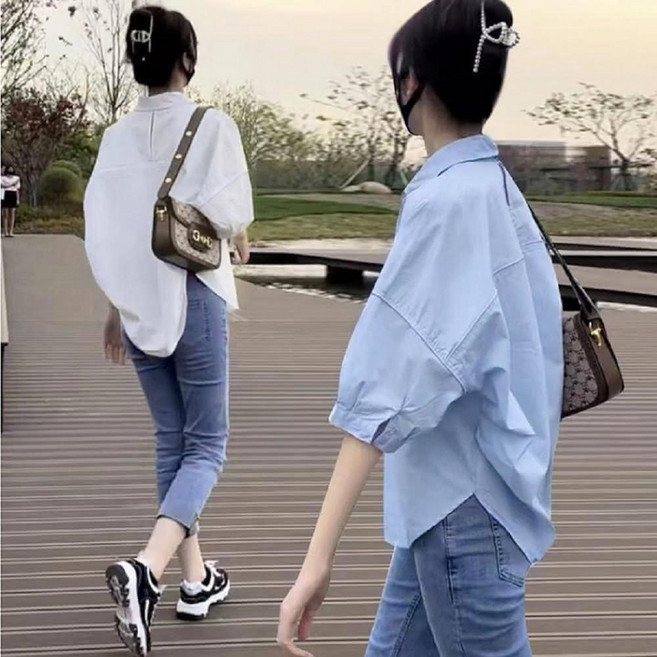素色側抓皺後鏤空五分袖襯衫
