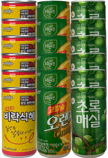 미니캔 음료수 3종 6개씩 (비락식혜+웅진초록매실+웅진고칼슘오렌지), 18개, 175ml