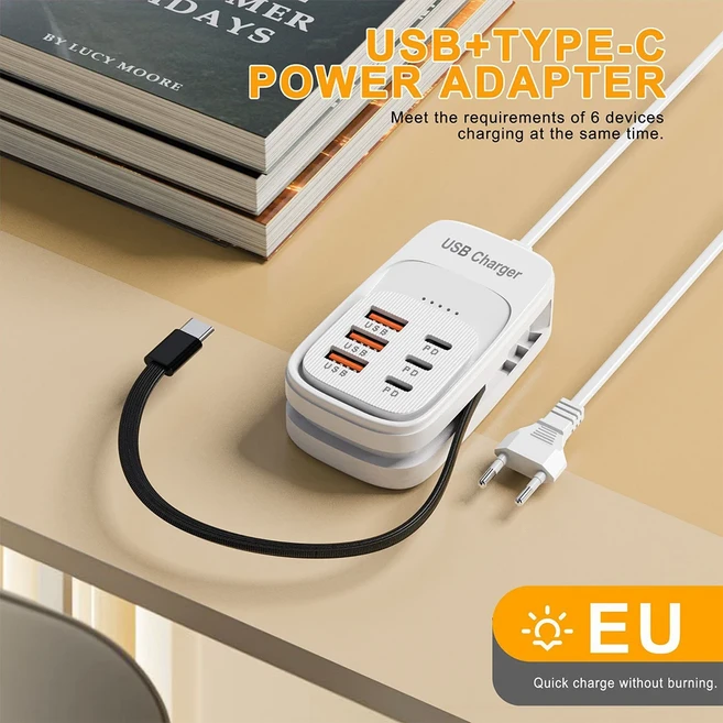 호환 고속 USB 충전기 6 in 1 멀티탭 데스크탑 충전 스테이션 고속 충전 코드 EU/UK/US 플매트 카펫 러그 U, 05 3PD3USB EU White