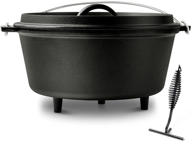 블링코 8QT 프리시즌 주철 캠프 더치 오븐 뚜껑 포함 대형 캠핑 냄비 삼각대 스탠드 포함. 터 - 듀얼 핸들 야외 캠프파이어 그릴 및 스토브탑 조리용-블랙, 10QT