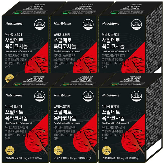 뉴트리바이옴 논스톱 초임계 쏘팔메토115mg + 옥타코사놀 남성영양제 지구력 쏘팔 소팔 전립선 코사놀 영양제 로르산함유 남성활력 식약처인증, 6개, 30정