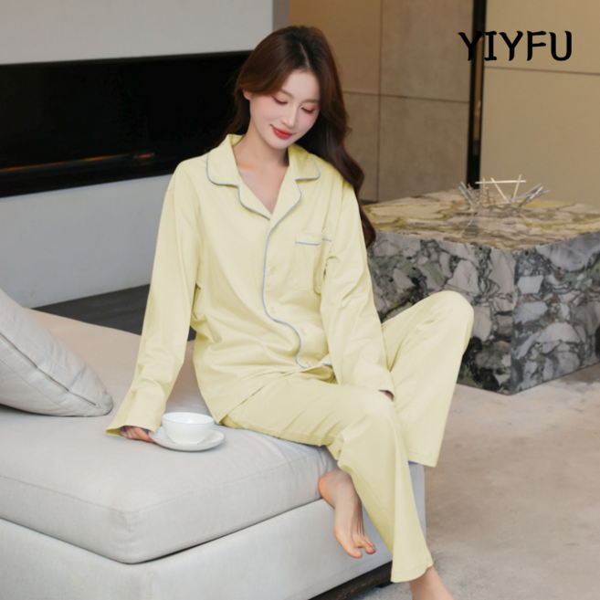 YIYFU 긴팔 잠옷 사계절 남자 여성 파자마 파이핑라인 홈웨어 남녀 공용 긴팔 커플 잠옷 세트 사계절