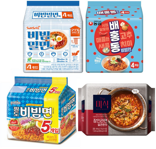 팔도비빔면5p + 배홍동비빔면4p + 비빔밀면4p + 장인라면(얼큰한맛)4p, 1세트